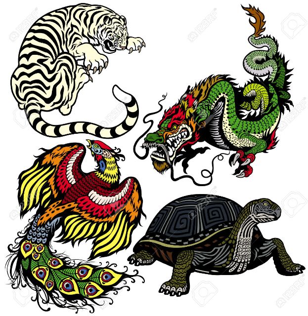 24024693-dragon-tiger-turtle-and-phoenix-Set-of-four-celestial-feng-shui-animals-isolated-on-white-background-Stock-Vector