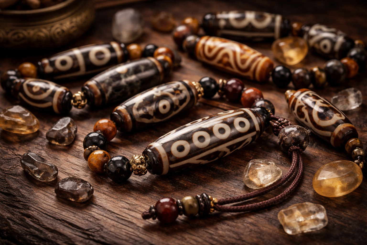 tibetan-dzi-beads-on-wooden-surface